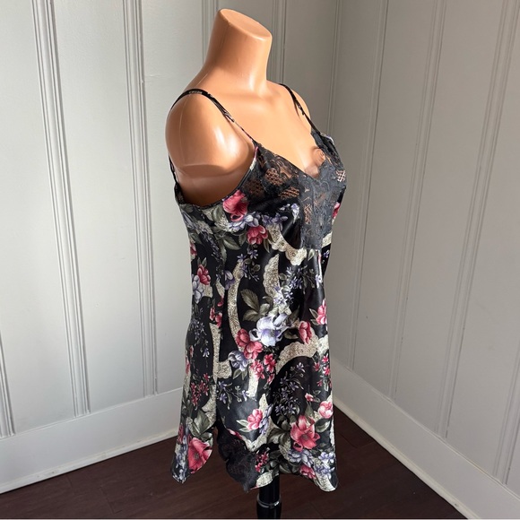 VTG Victoria Secret Gold Label Black Floral Satin Lace Trim Nightie Slip Dress M - Picture 2 of 15